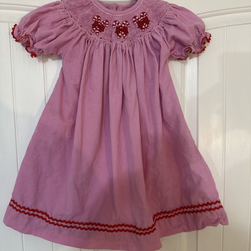 Vtg Pleats And Stitches Smocked Candy Cane Pink Corduroy Dress 2T